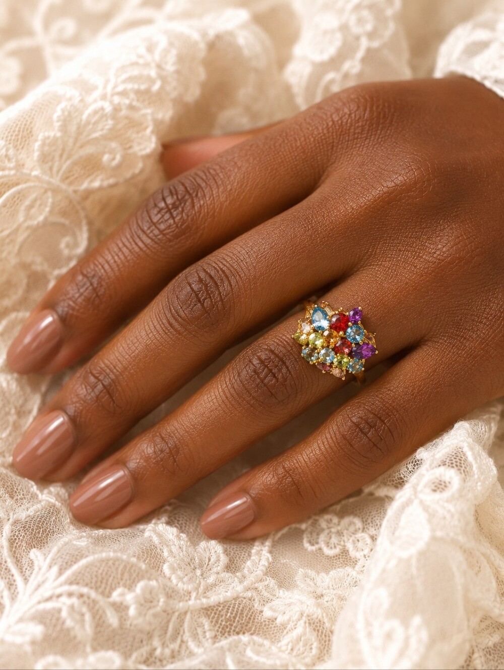 14 Kt Gold Over 925 Silver Multiple Gemstone Ring- Size: 7